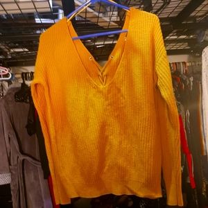 Love By Design Gold V- Neck Reverse Lace Up Sweater